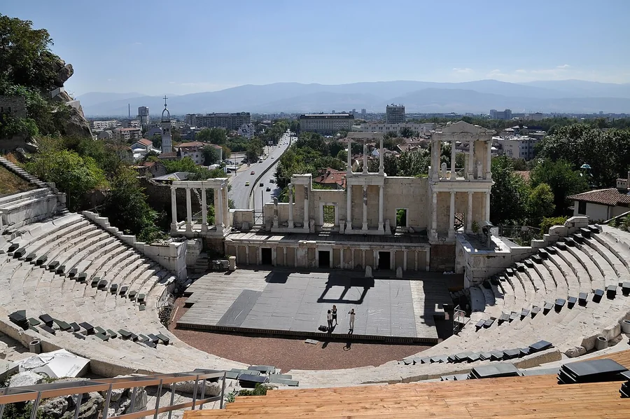 Wide view of the ancient Roman Theatre and central Plovdiv